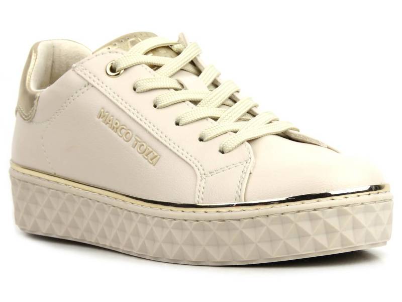 Sneakersy damskie ze skóry ekologicznej - MARCO TOZZI 23705, beżowe ze złotem