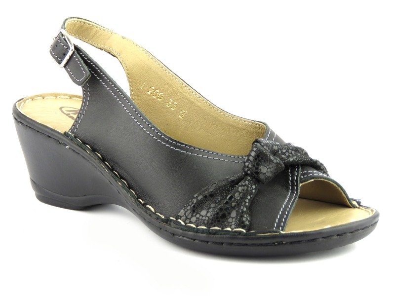 Wygodne sandały damskie na koturnie - Helios Komfort 200, czarne
