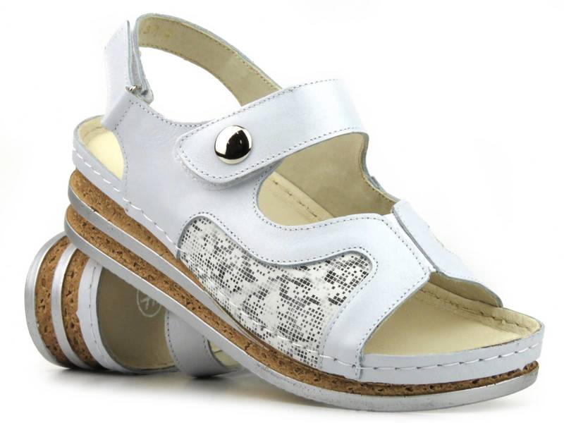Wygodne sandały damskie skórzane - Helios Komfort 120, srebrne