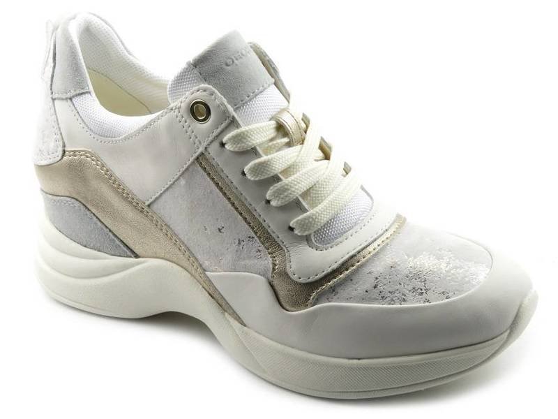 Bardzo wygodne sneakersy damskie na ukrytym koturnie - GEOX Respira D04HVA, białe