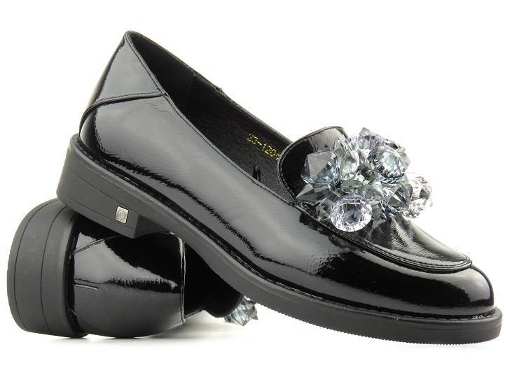 Eleganckie półbuty, loafersy damskie lakierowane - Potocki 23-12043BK, czarne 