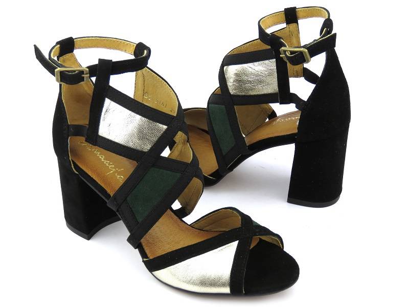 Eleganckie sandały damskie na słupku - MACIEJKA 05181-09, czarne z zielenią i złotem