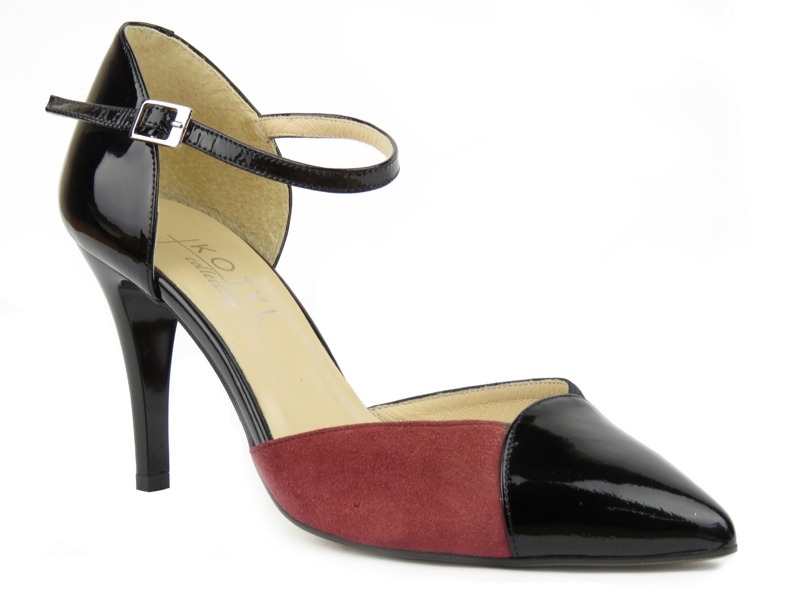 Eleganckie sandały damskie na szpilce - KOTYL 728, czarne z czerwonym dodatkiem