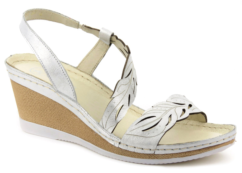 Modne sandały damskie na koturnie - HELIOS Komfort 268, srebrne