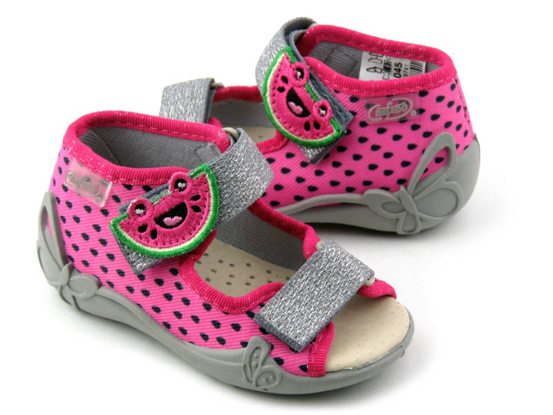 Sandałki dziecięce ze skórzaną wkładką - Befado 342P045, różowe z arbuzem