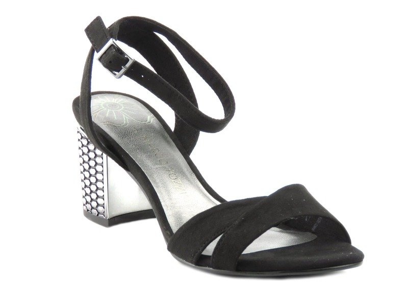 Sandały damskie na szerokim, srebrnym obcasie - Marco Tozzi 28322, czarne