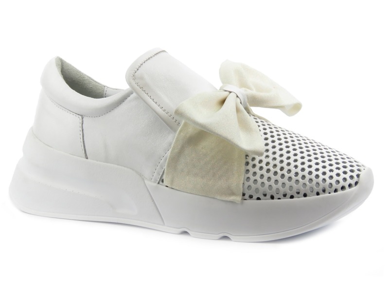 Skórzane buty damskie sportowe z okazałą kokardą - Venezia 001001, białe