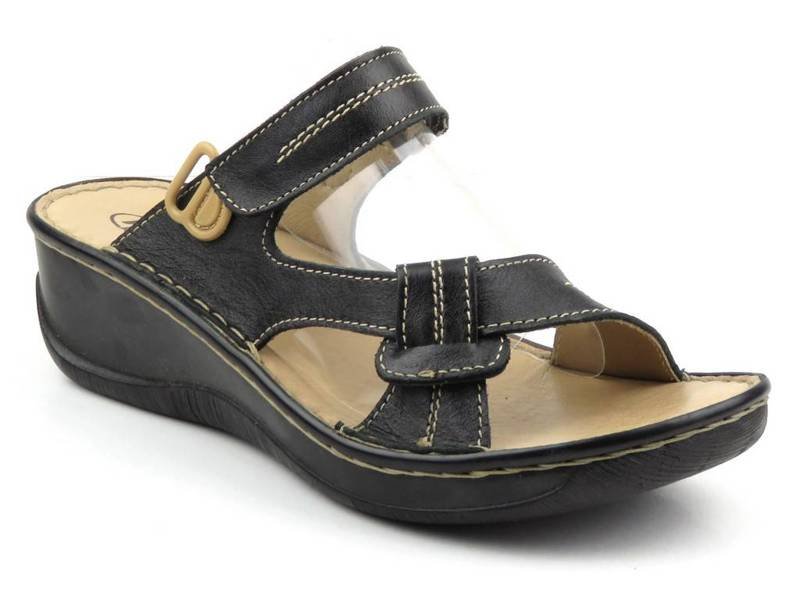 Skórzane klapki (sandały) damskie Helios Komfort 656, czarne