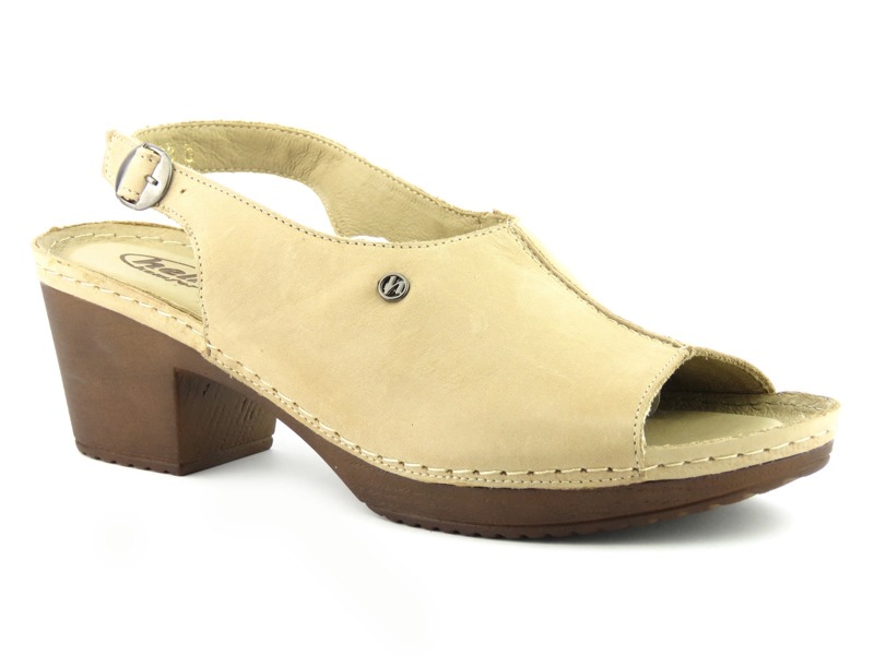 Skórzane sandały damskie na klocku - HELIOS Komfort 223, beżowe