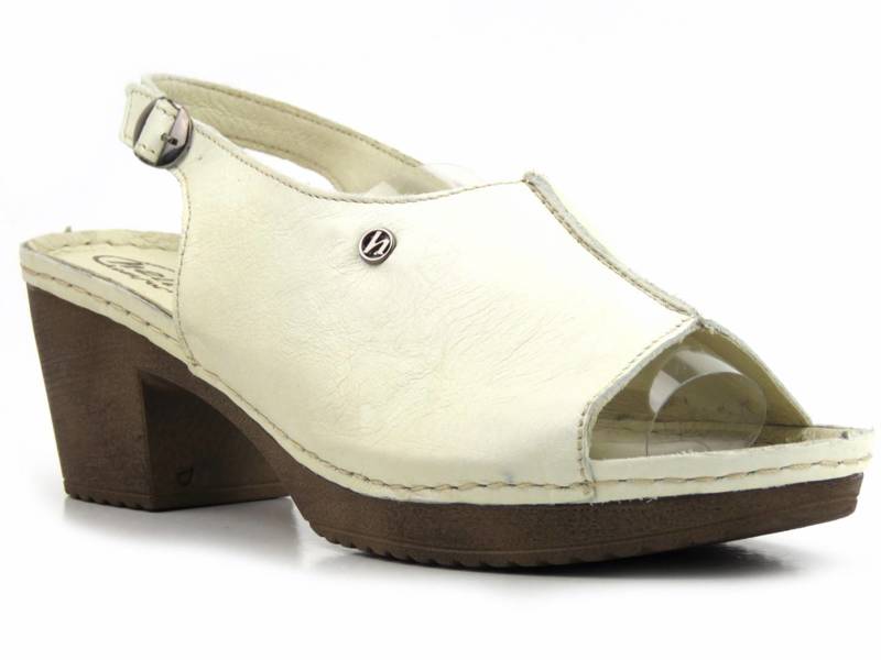 Skórzane sandały damskie na klocku - HELIOS Komfort 223, ecru II
