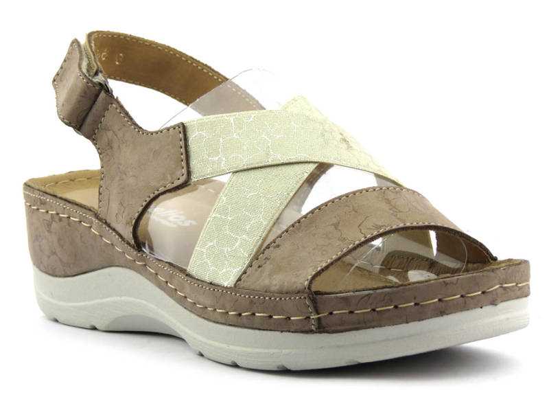 Skórzane sandały damskie na koturnie - HELIOS Komfort 100, beż 2