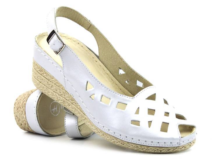 Skórzane sandały damskie na koturnie - HELIOS Komfort 110, srebrne