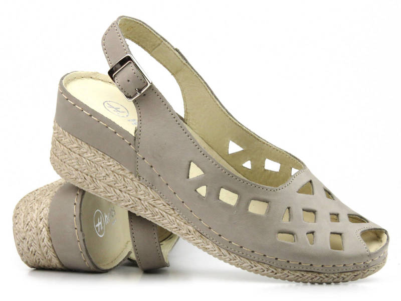Skórzane sandały damskie na koturnie - HELIOS Komfort 110, szare