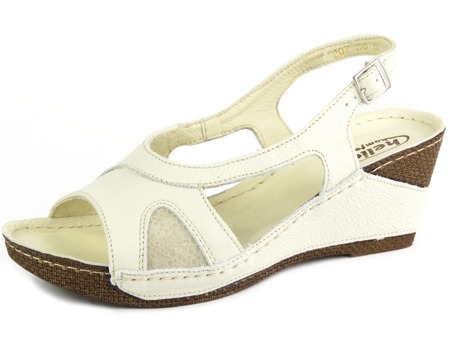 Skórzane sandały damskie na koturnie - HELIOS Komfort 207, białe