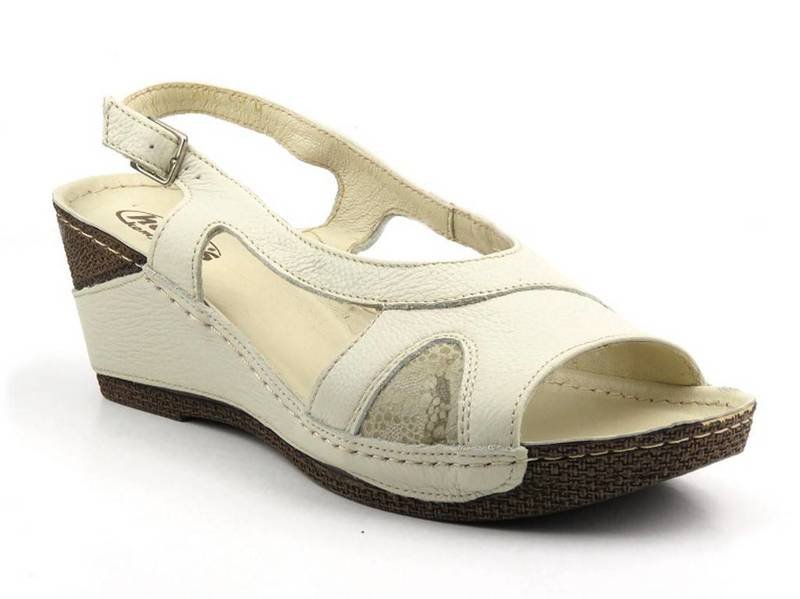 Skórzane sandały damskie na koturnie - HELIOS Komfort 207, ecru