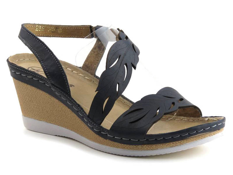 Skórzane sandały damskie na koturnie - HELIOS Komfort 268, ciemnogranatowe