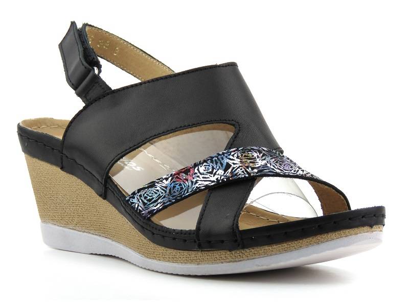 Skórzane sandały damskie na koturnie - HELIOS Komfort 299, czarne