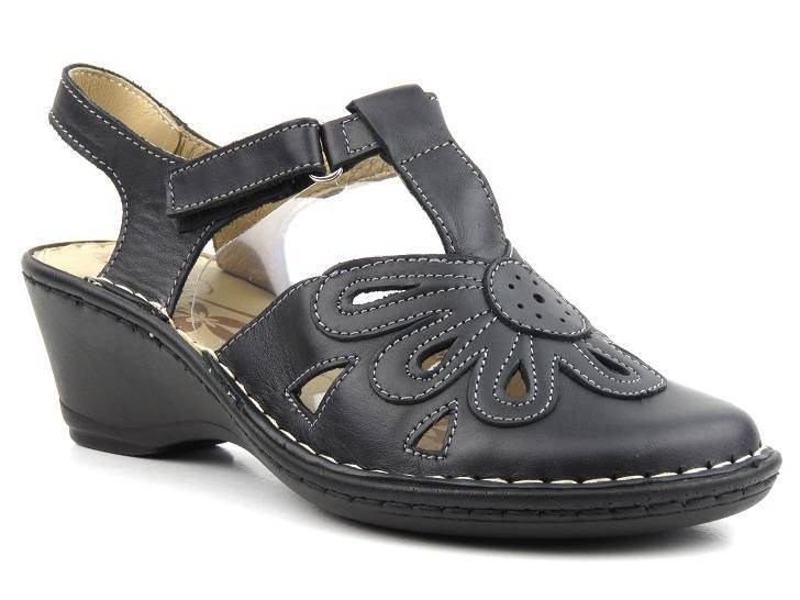 Skórzane sandały damskie na koturnie - HELIOS Komfort 647-2, czarne