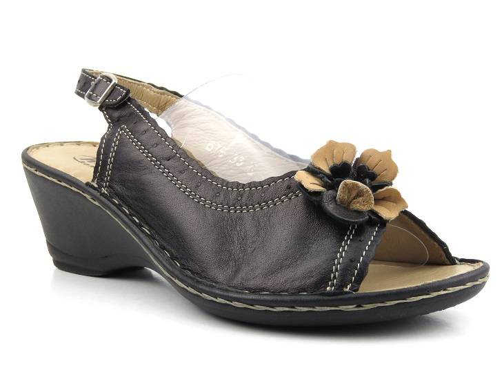 Skórzane sandały damskie na koturnie - HELIOS Komfort 679, czarne