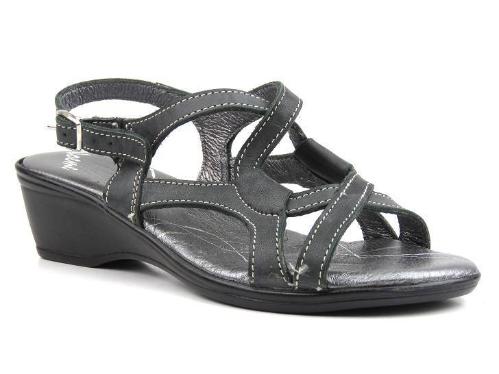 Skórzane sandały damskie na koturnie - HELIOS Komfort 789, czarne