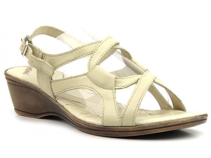 Skórzane sandały damskie na koturnie - HELIOS Komfort 789, krem