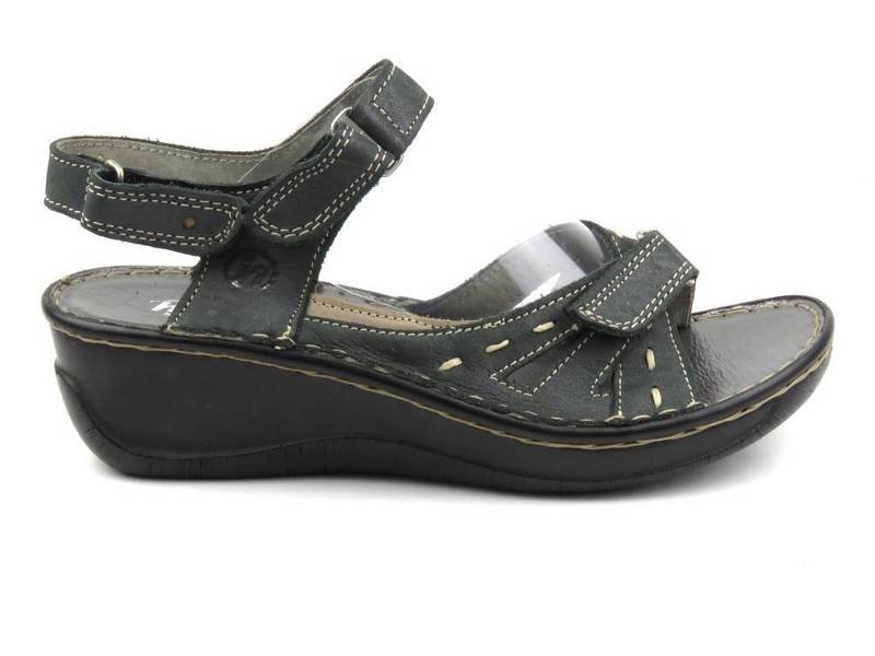 Skórzane sandały damskie na koturnie - Helios 638-2, grafit