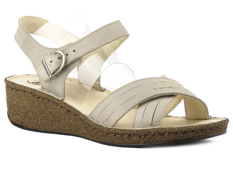 Skórzane sandały damskie na niewysokim koturnie - HELIOS Komfort 228, jasnoszare