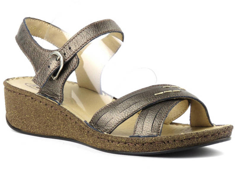 Skórzane sandały damskie na niewysokim koturnie - HELIOS Komfort 228, miedziane