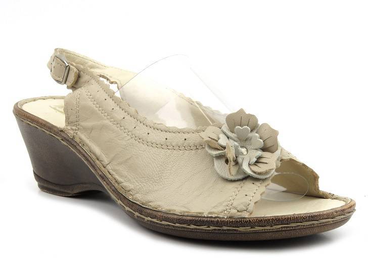 Skórzane sandały damskie na niskim koturnie HELIOS Komfort 679, cappucino