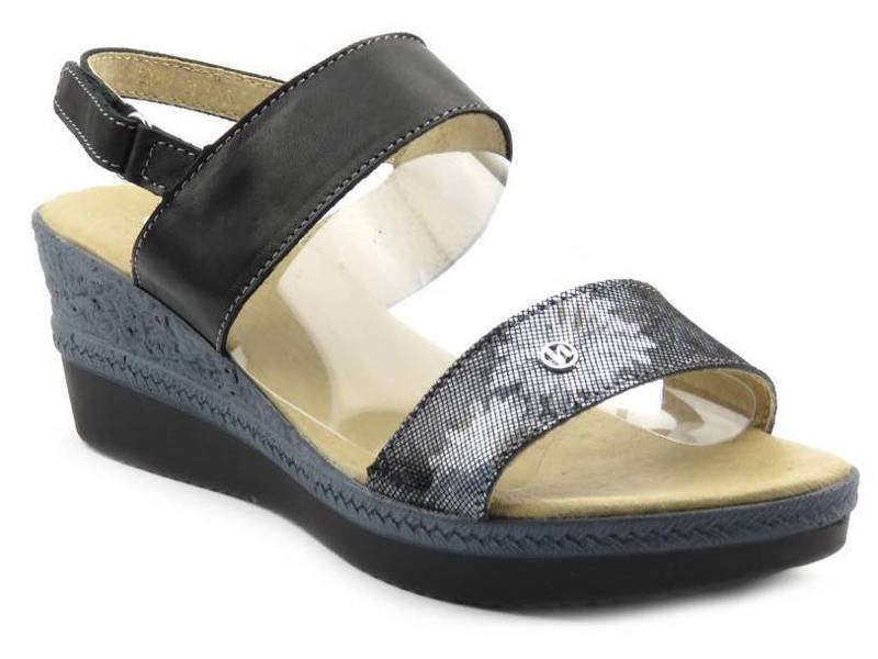 Skórzane sandały damskie na ozdobnym koturnie - HELIOS Komfort 250, czarne