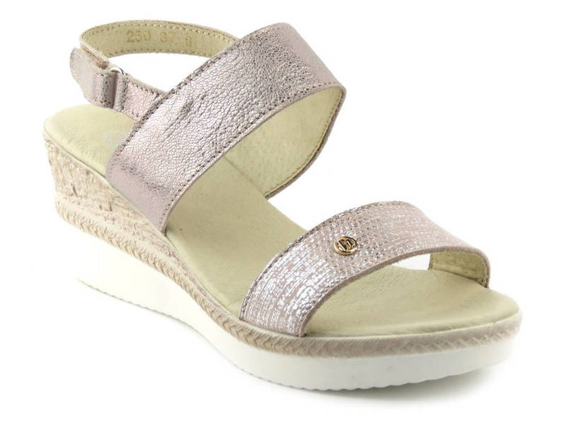 Skórzane sandały damskie na ozdobnym koturnie - HELIOS Komfort 250, różowe