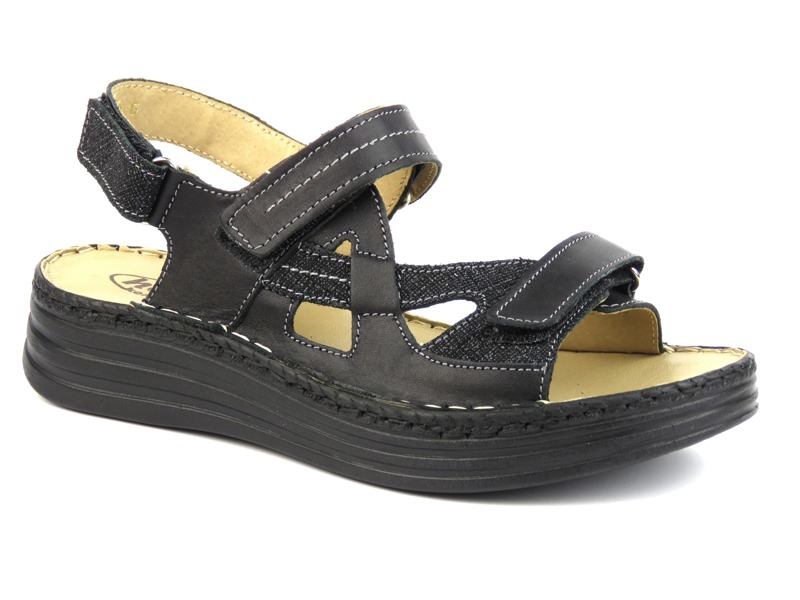 Skórzane sandały damskie na platformie - Helios Komfort 239, czarne