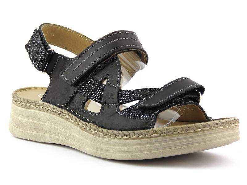 Skórzane sandały damskie na platformie z plecionym otokiem - Helios Komfort 239, czarne
