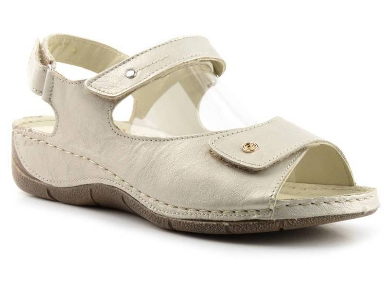 Skórzane sandały damskie na rzepy - Helios Komfort 266, złote