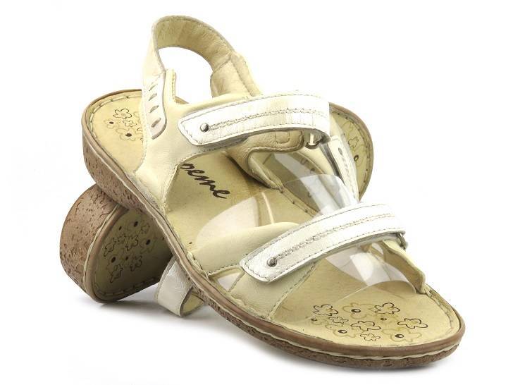 Skórzane sandały damskie na rzepy - Helios Komfort 689, ecru