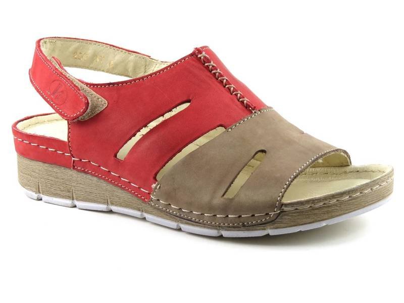 Skórzane sandały damskie polskiej produkcji - Helios Komfort 257, czerwono-beżowe