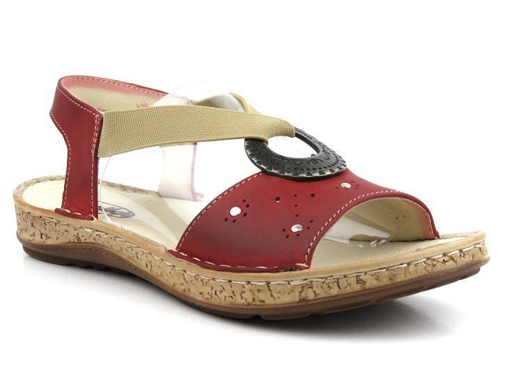Skórzane sandały damskie z klamrą - Helios Komfort 672, bordowe
