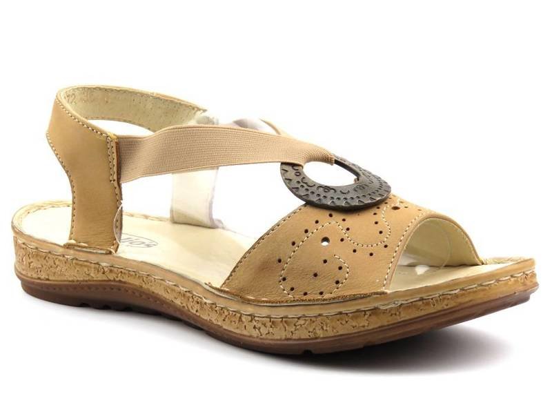 Skórzane sandały damskie z klamrą - Helios Komfort 672, jasnobrązowe