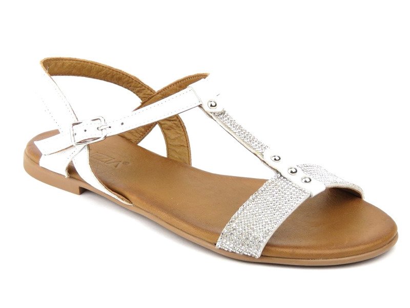 Skórzane sandały damskie z połyskującymi kryształkami - VENEZIA 2022, białe