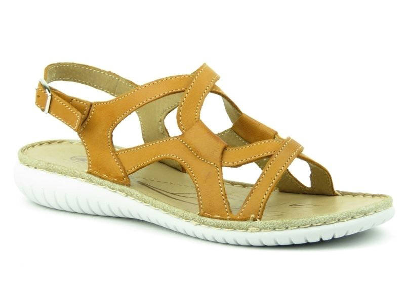 Skórzane sandały damskie z zakręconą cholewką - HELIOS Komfort 283, jasnobrązowe