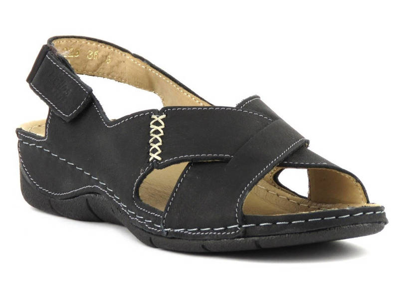 Skórzane sandały damskie ze skrzyżowanymi paskami - HELIOS Komfort 229-1, czarne