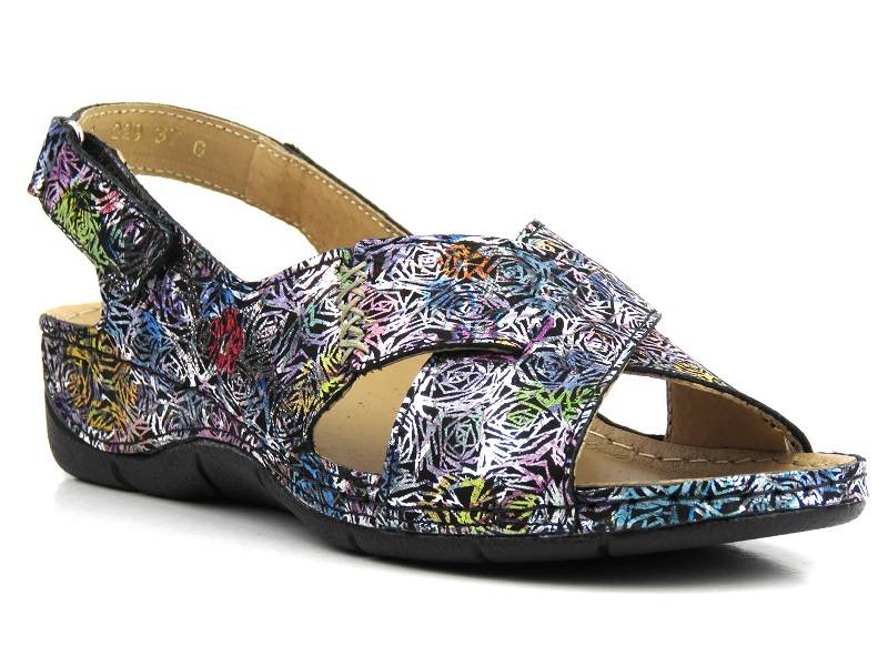 Skórzane sandały damskie ze skrzyżowanymi paskami - HELIOS Komfort 229-1, czarne w kwiaty