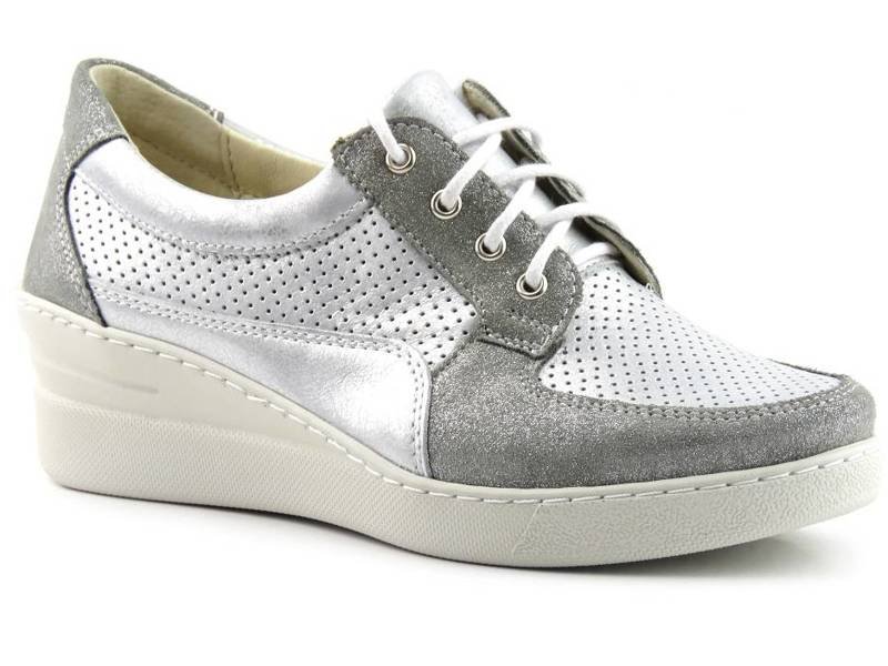 Skórzane sneakersy damskie na koturnie - HELIOS Komfort 373, szare z połyskiem
