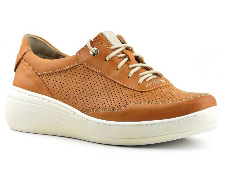 Skórzane sneakersy damskie na platformie - HELIOS Komfort 303, jasnobrązowe