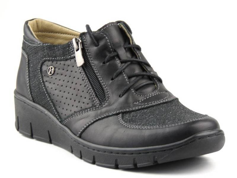 Skórzane sneakersy damskie z suwakiem - Helios Komfort 536-1, czarne 