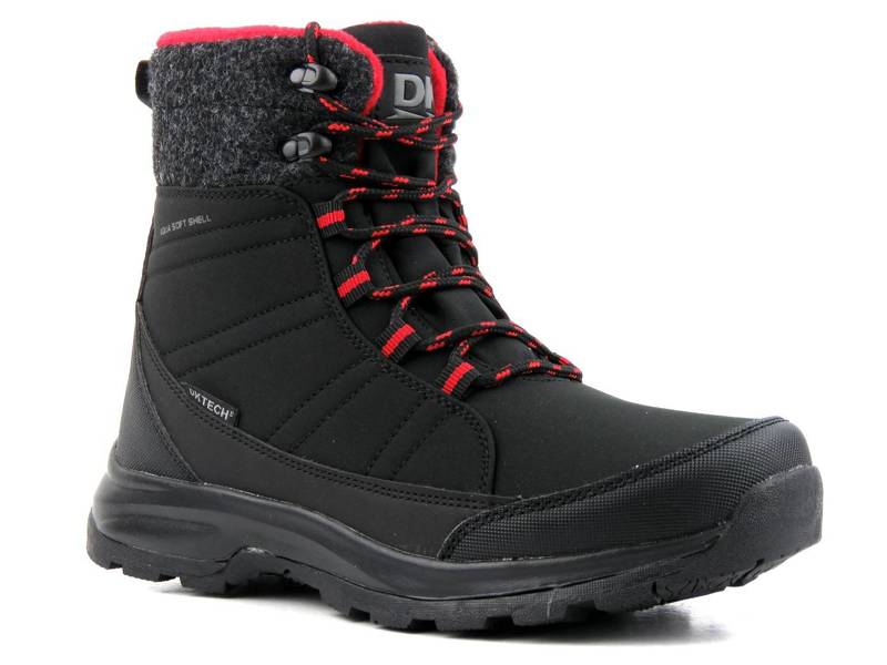 Śniegowce, trekkingi damskie z materiałem Softshell - DK TECH 2104, czarno-czerwone