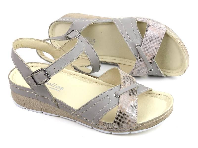 Stylowe sandały damskie na niskim koturnie - HELIOS Komfort 277, szare