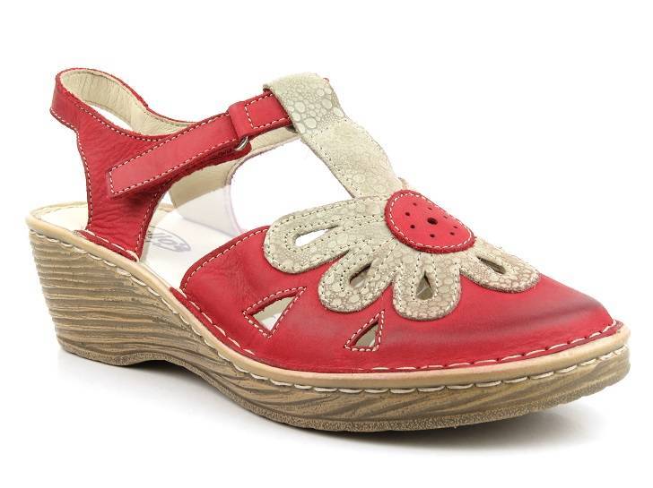 Wygodne sandały damskie na koturnie - HELIOS Komfort 647-2, czerwone z beżem
