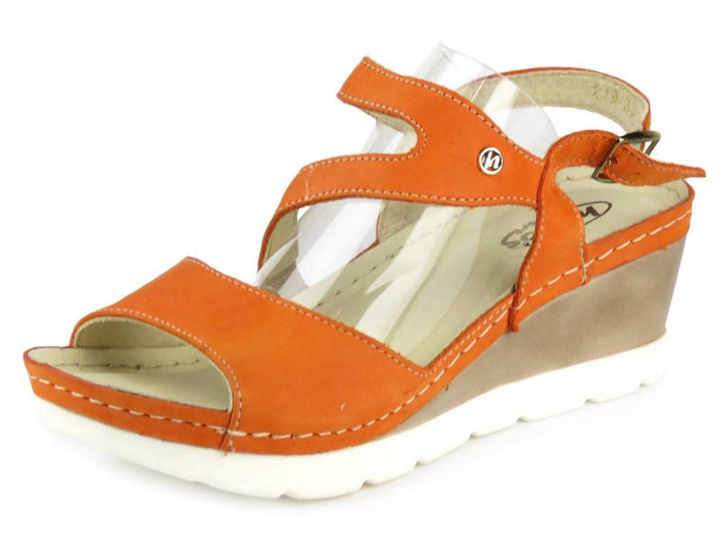 Wygodne sandały damskie na lekkim koturnie - HELIOS Komfort 219, pomarańczowe